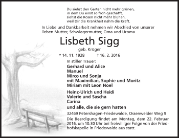 Anzeige von Lisbeth Sigg von Mindener Tageblatt