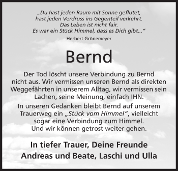 Anzeige von Bernd Korte von Mindener Tageblatt