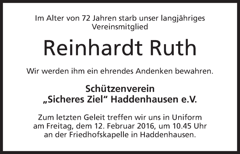  Traueranzeige für Reinhardt Ruth vom 09.02.2016 aus Mindener Tageblatt
