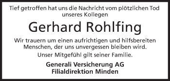 Anzeige von Gerhard Rohlfing von Mindener Tageblatt