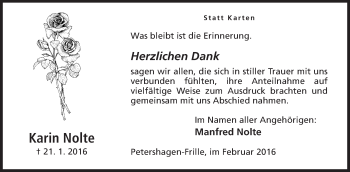 Anzeige von Karin Nolte von Mindener Tageblatt