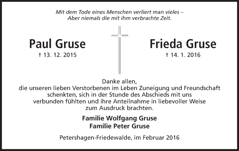  Traueranzeige für Paul und Frieda Gruse vom 13.02.2016 aus Mindener Tageblatt