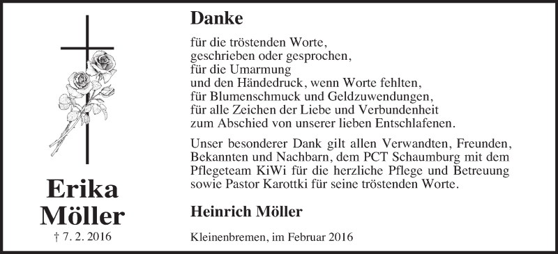  Traueranzeige für Erika Möller vom 27.02.2016 aus Mindener Tageblatt