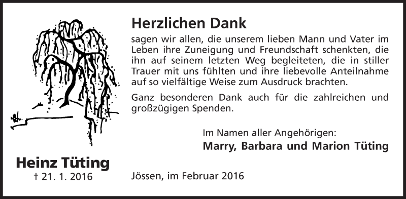  Traueranzeige für Heinz Tüting vom 27.02.2016 aus Mindener Tageblatt