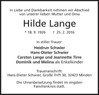 Anzeige von Hilde Lange von Mindener Tageblatt