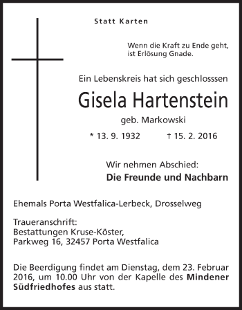 Anzeige von Gisela Hartenstein von Mindener Tageblatt