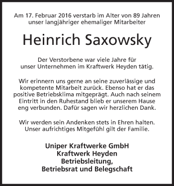 Anzeige von Heinrich Saxowsky von Mindener Tageblatt