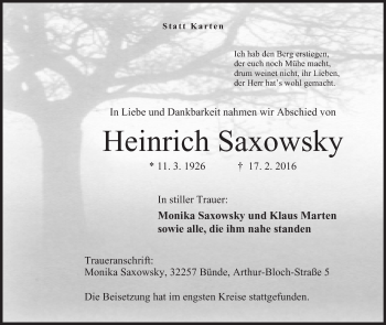 Anzeige von Heinrich Saxowsky von Mindener Tageblatt
