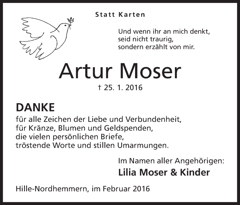  Traueranzeige für Artur Moser vom 12.02.2016 aus Mindener Tageblatt