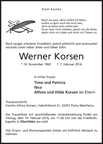 Anzeige von Werner Korsen von Mindener Tageblatt