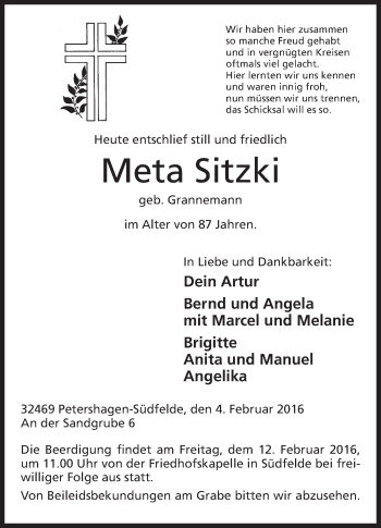 Anzeige von Meta Sitzki von Mindener Tageblatt