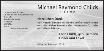 Anzeige von Michael Raymond Childs von Mindener Tageblatt