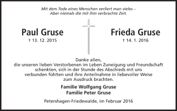 Anzeige von Paul und Frieda Gruse von Mindener Tageblatt