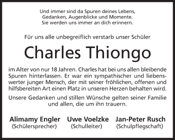 Anzeige von Charles Thiongo von Mindener Tageblatt