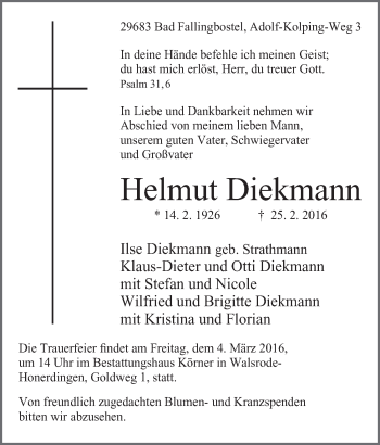 Anzeige von Helmut Diekmann von Mindener Tageblatt