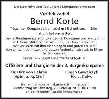Anzeige von Bernd Korte von Mindener Tageblatt