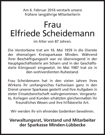 Anzeige von Elfriede Scheidemann von Mindener Tageblatt