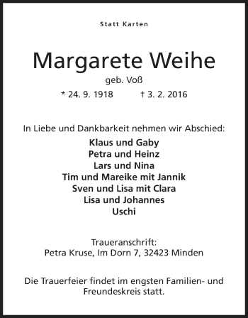 Anzeige von Margarete Weihe von Mindener Tageblatt