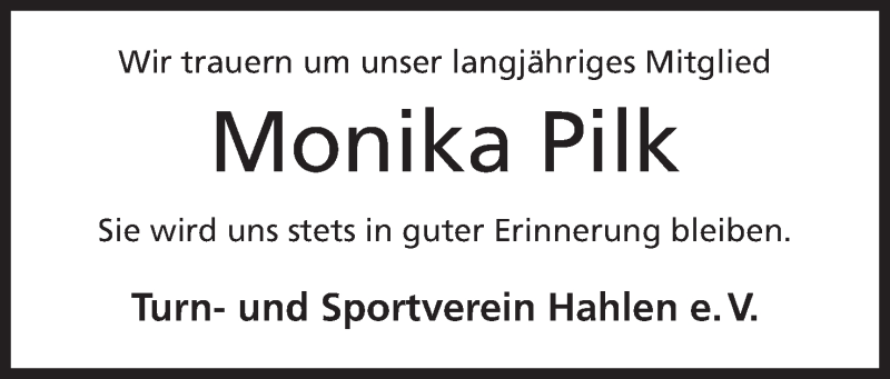  Traueranzeige für Monika Pilk vom 04.02.2016 aus Mindener Tageblatt