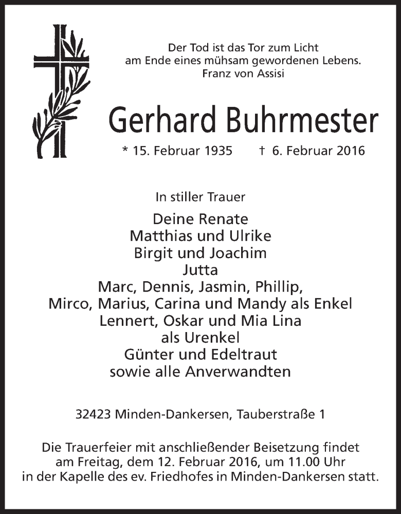  Traueranzeige für Gerhard Buhrmester vom 09.02.2016 aus Mindener Tageblatt