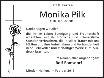 Anzeige von Monika Pilk von Mindener Tageblatt