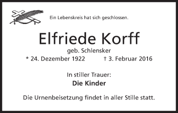 Anzeige von Elfriede Korff von Mindener Tageblatt