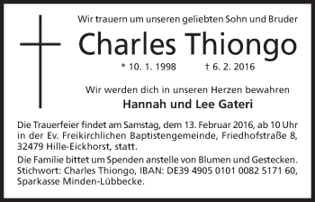 Anzeige von Charles Thiongo von Mindener Tageblatt