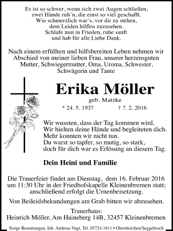 Anzeige von Erika Möller von Mindener Tageblatt