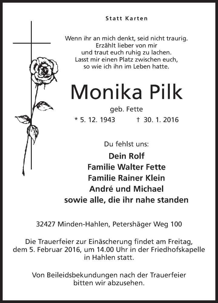 Traueranzeige für Monika Pilk vom 02.02.2016 aus Mindener Tageblatt