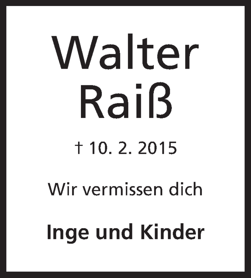  Traueranzeige für Walter Raiß vom 10.02.2016 aus Mindener Tageblatt
