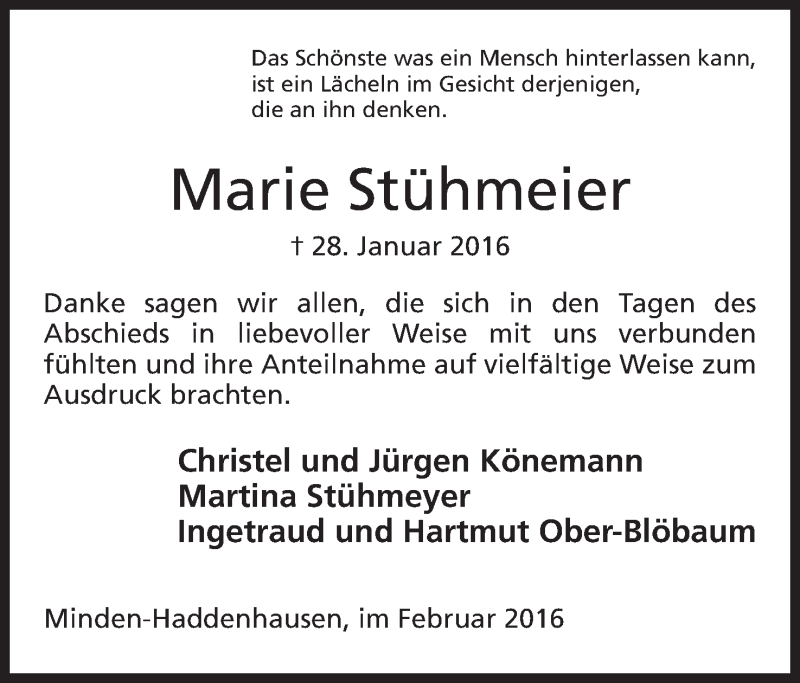  Traueranzeige für Marie Stühmeier vom 27.02.2016 aus Mindener Tageblatt