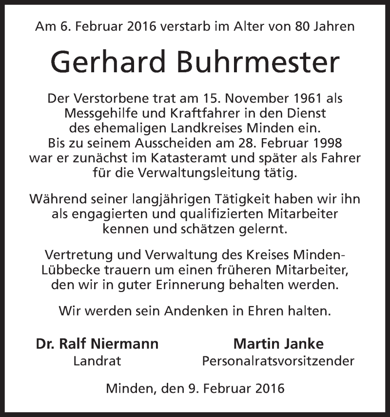  Traueranzeige für Gerhard Buhrmester vom 10.02.2016 aus Mindener Tageblatt