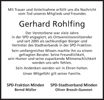 Anzeige von Gerhard Rohlfing von Mindener Tageblatt