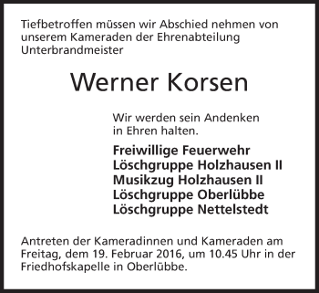 Anzeige von Werner Korsen von Mindener Tageblatt