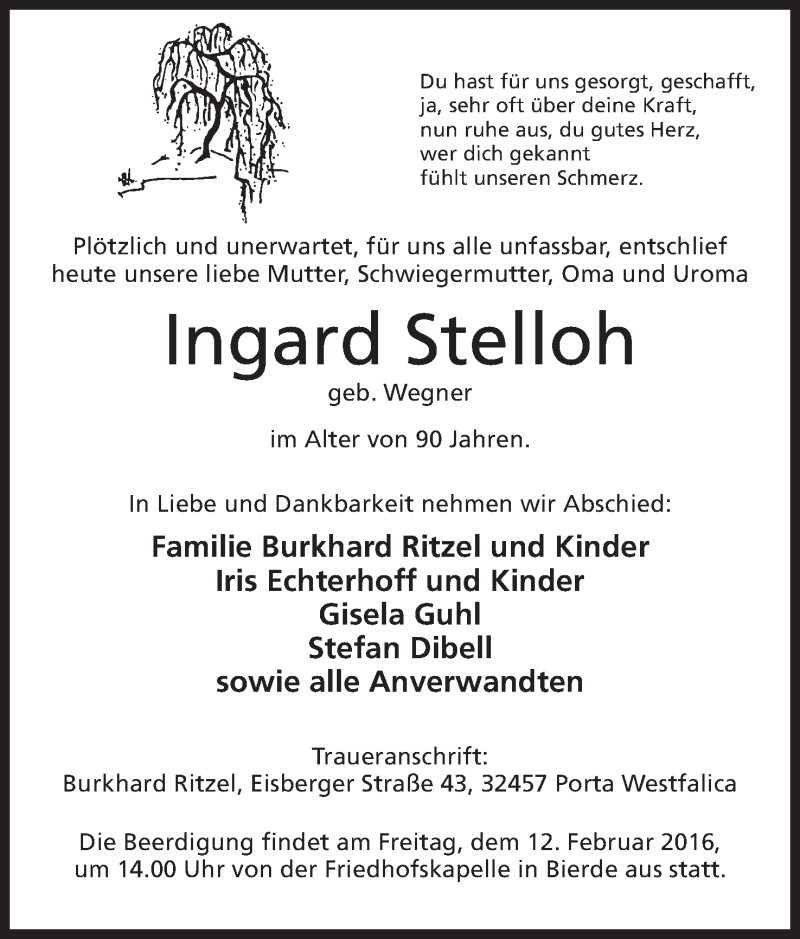  Traueranzeige für Irmgard Stelloh vom 06.02.2016 aus Mindener Tageblatt