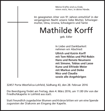 Anzeige von Mathilde Korff von Mindener Tageblatt