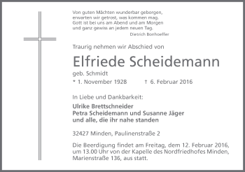 Anzeige von Elfriede Scheidemann von Mindener Tageblatt