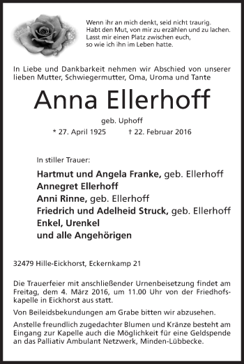 Anzeige von Anna Ellerhoff von Mindener Tageblatt