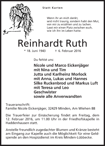 Anzeige von Reinhardt Ruth von Mindener Tageblatt