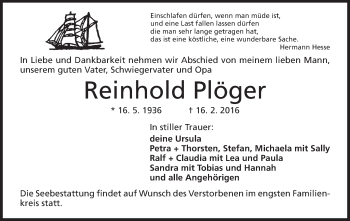 Anzeige von Reinhold Plöger von Mindener Tageblatt