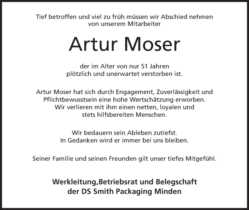  Traueranzeige für Artur Moser vom 02.02.2016 aus Mindener Tageblatt