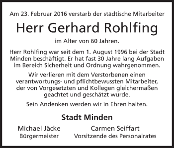 Anzeige von Gerhard Rohlfing von Mindener Tageblatt