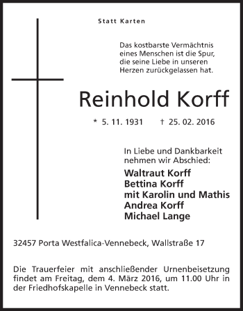 Anzeige von Reinhold Korff von Mindener Tageblatt