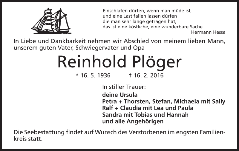  Traueranzeige für Reinhold Plöger vom 20.02.2016 aus Mindener Tageblatt