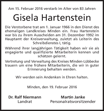 Anzeige von Gisela Hartenstein von Mindener Tageblatt