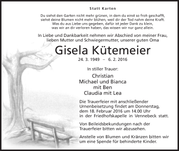 Anzeige von Gisela Kütemeier von Mindener Tageblatt