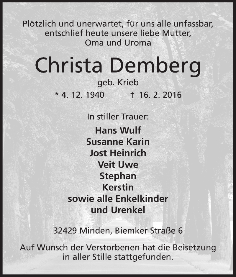  Traueranzeige für Christa Demberg vom 05.03.2016 aus Mindener Tageblatt