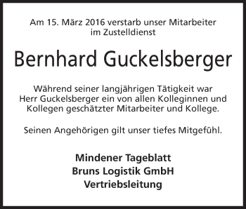 Anzeige von Bernhard Guckelsberger von Mindener Tageblatt