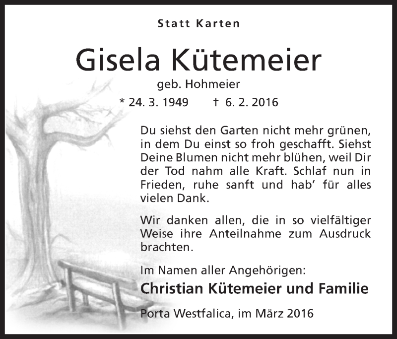  Traueranzeige für Gisela Kütemeier vom 19.03.2016 aus Mindener Tageblatt