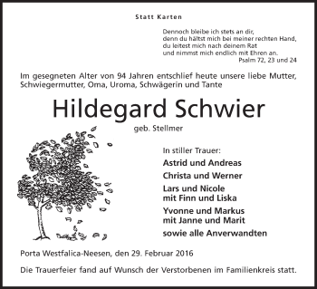 Anzeige von Hildegard Schwier von Mindener Tageblatt